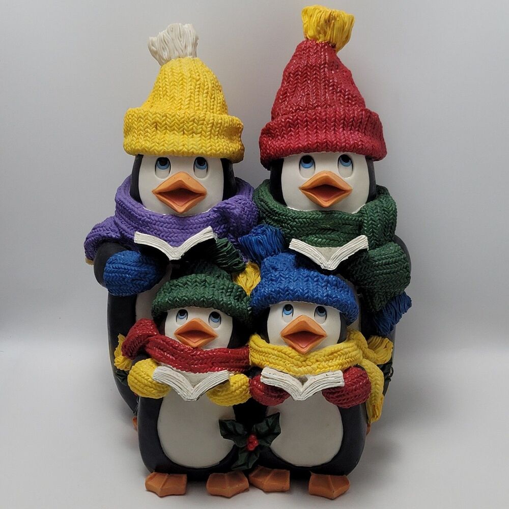 Vintage Christmas Family Penguins Carolers In Winter Hats And Scarves Decor 16"